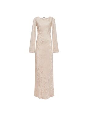 Rumored Long Sleeve Satin Maxi Dress in Light Beige